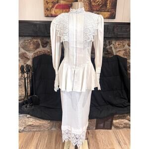 VTG Jessica McClintock Linen High Neck White Lace Dress Prairie Victorian Sz 10